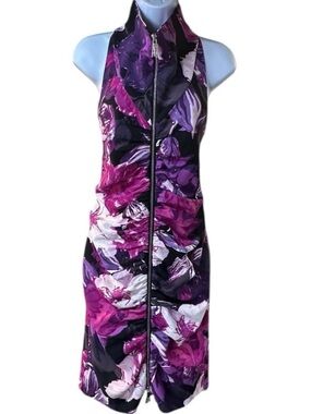 CACHE FLORAL FULL ZIP FRONT HALTER STYLE BODYCON DRESS PURPLE PINK BLACK SZ M